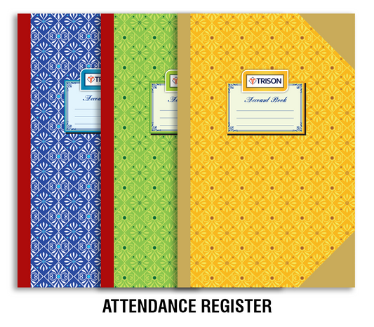 Trison Attendance Register (premium quality) | Available in White (L/B) & Ordinary Binding (O/B) | 65 GSM | Green ledger paper | Size: 19.5 x 32.5 cm | Superior cloth hardbound | Gloss laminated printed cover | Available in No./Pages: 1/56, 2/112, 3/168, 4/224, 6/384, & 8/512 | Comes with Index page | Also known as Kona pusta binding | staff attendance | school attendance | haajri | employee attendance | attendance register | attendance book