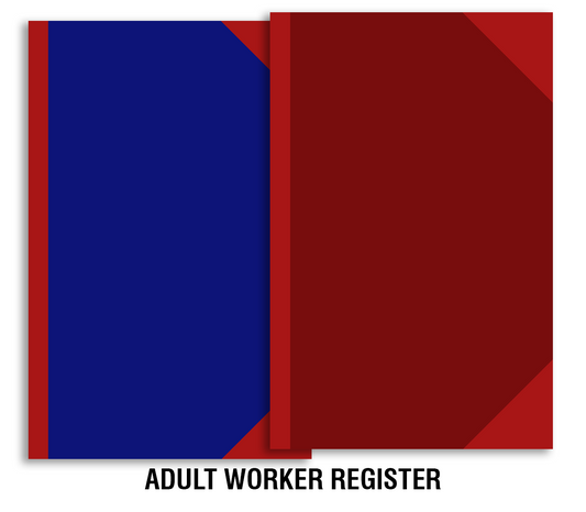 Trison Adult Worker Register | 70 GSM | Quire 1 (64 pages) & Quire 2 (128 pages) | Archival quality acid-free green ledger paper | Manually stitched and red canvas hardbound (R/B binding) | PVC rexine cover | Pre-printed format | Size: 21.5x34 cm | adult worker | adult worker register | factory act register 