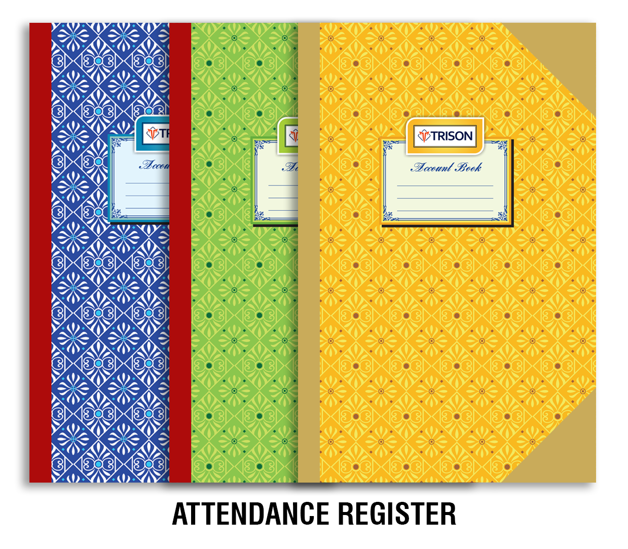 Trison Attendance Register (premium quality) | Available in White (L/B) & Ordinary Binding (O/B) | 65 GSM | Green ledger paper | Size: 19.5 x 32.5 cm | Superior cloth hardbound | Gloss laminated printed cover | Available in No./Pages: 1/56, 2/112, 3/168, 4/224, 6/384, & 8/512 | Comes with Index page | Also known as Kona pusta binding | staff attendance | school attendance | haajri | employee attendance | attendance register | attendance book