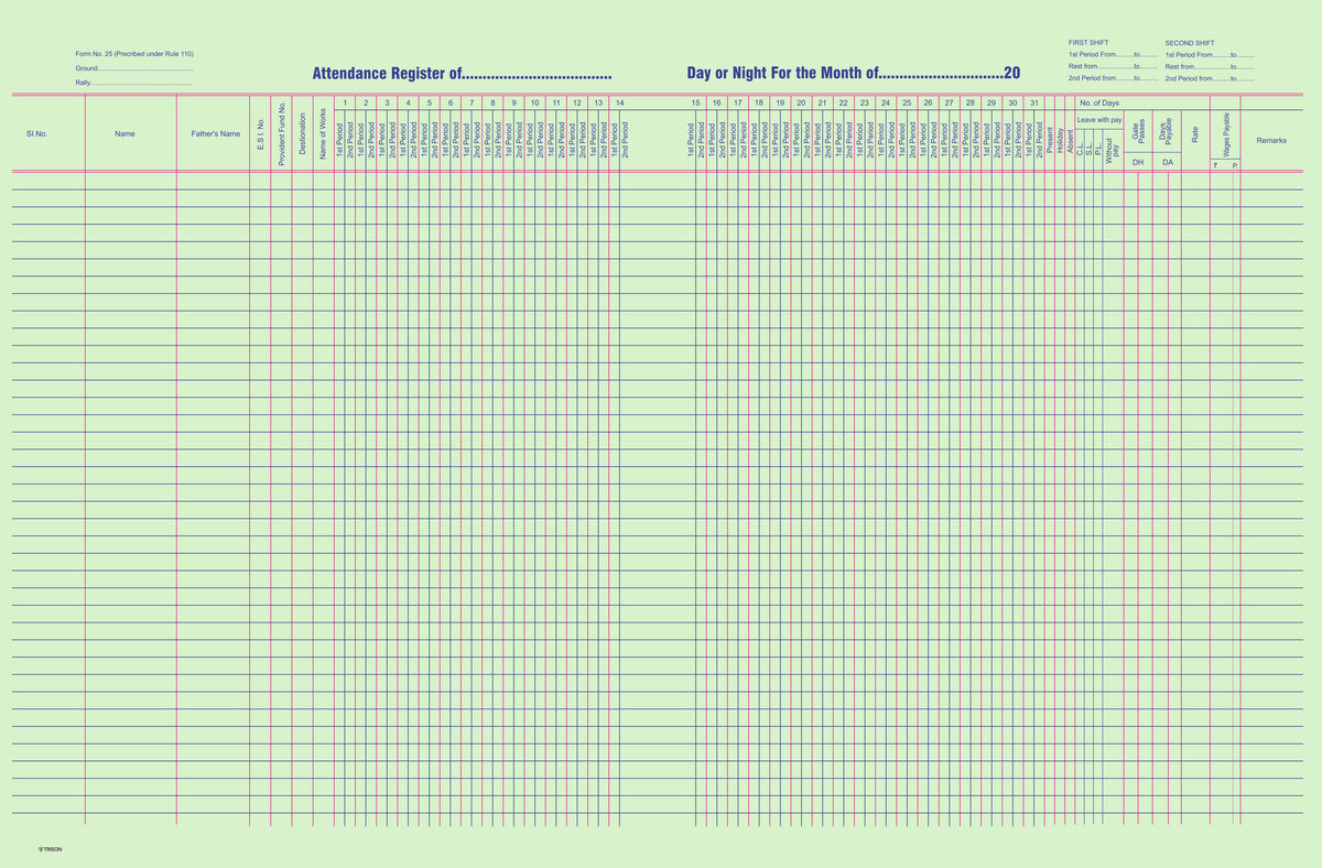 Mess Register Format Attendance Register (Form No. 25) (Size A3) – Trison