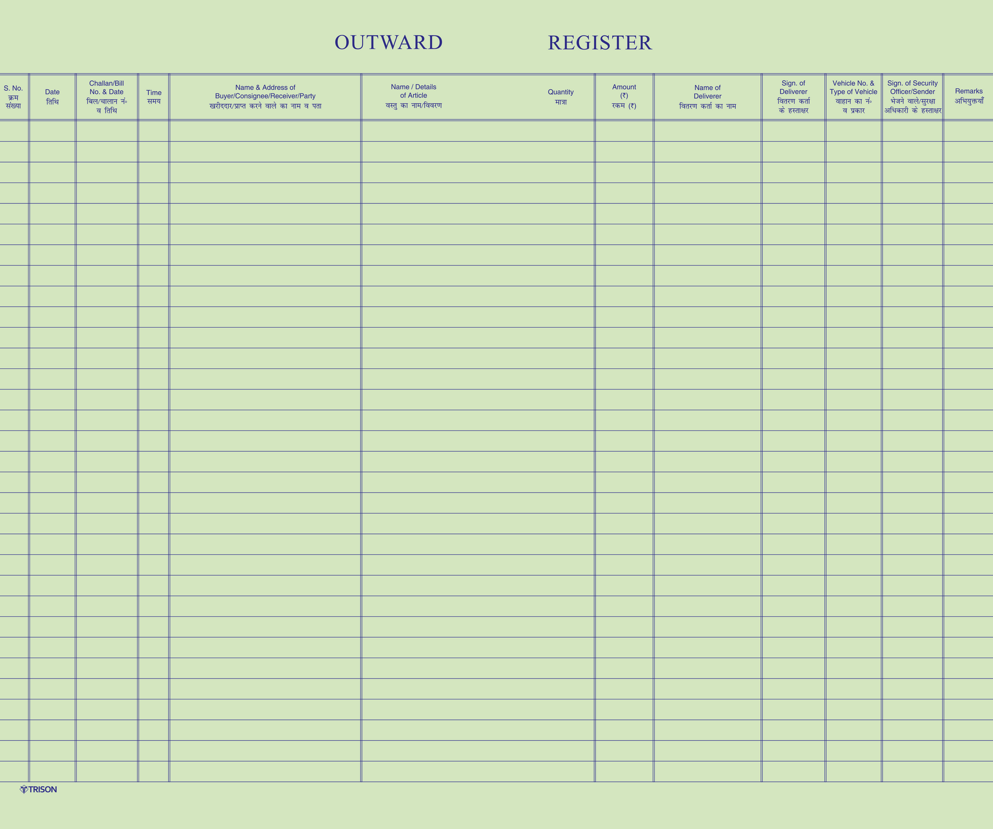 Outward Register – Trison